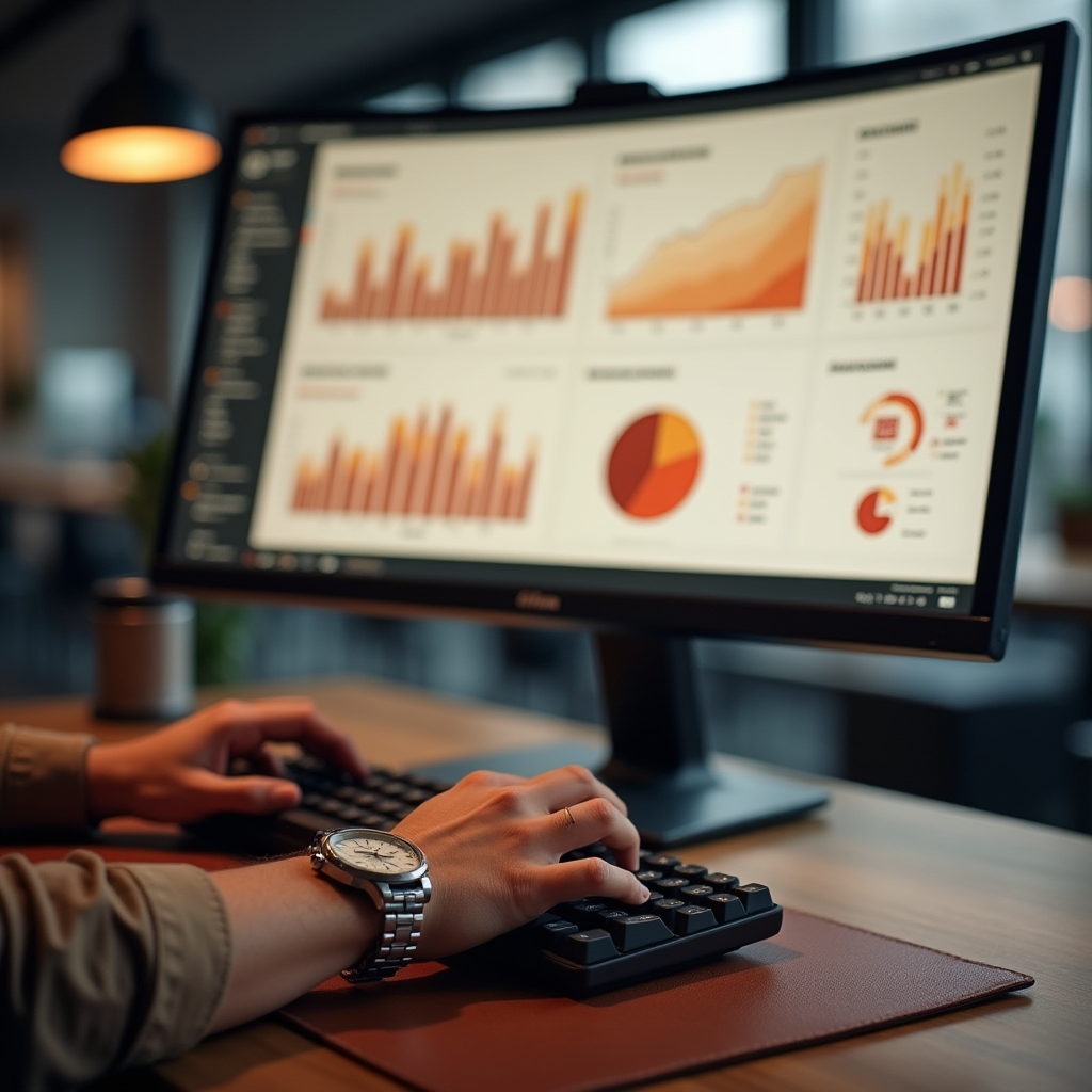 Schermo con dashboard di analisi dati aziendali, grafici colorati e KPI
