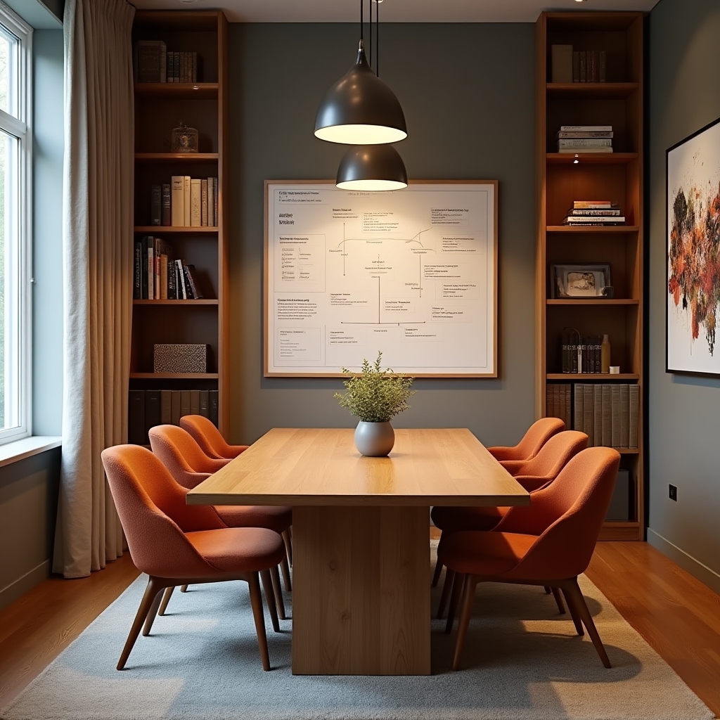 Sala riunioni interna con tavolo in legno e sedie in stile moderno
