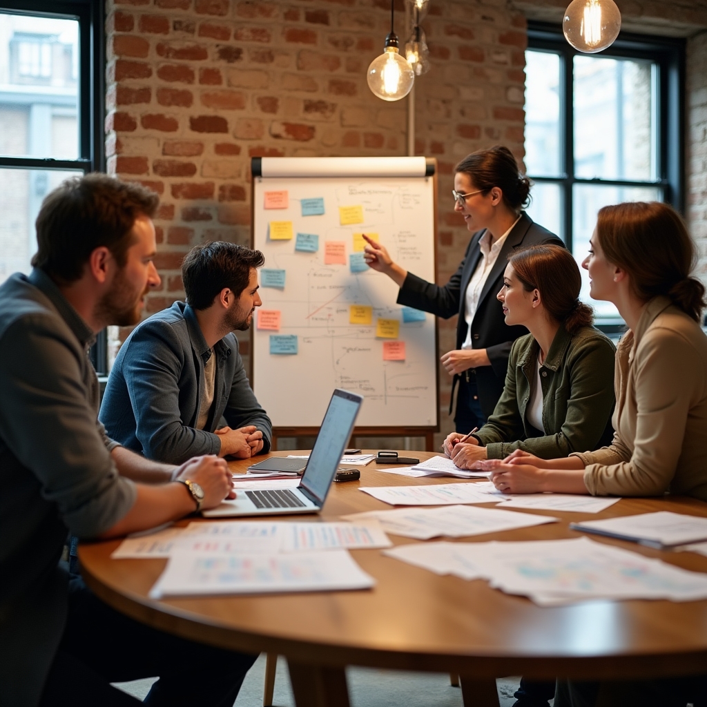 Workshop strategico con dirigenti intorno a tavolo con documenti e laptop